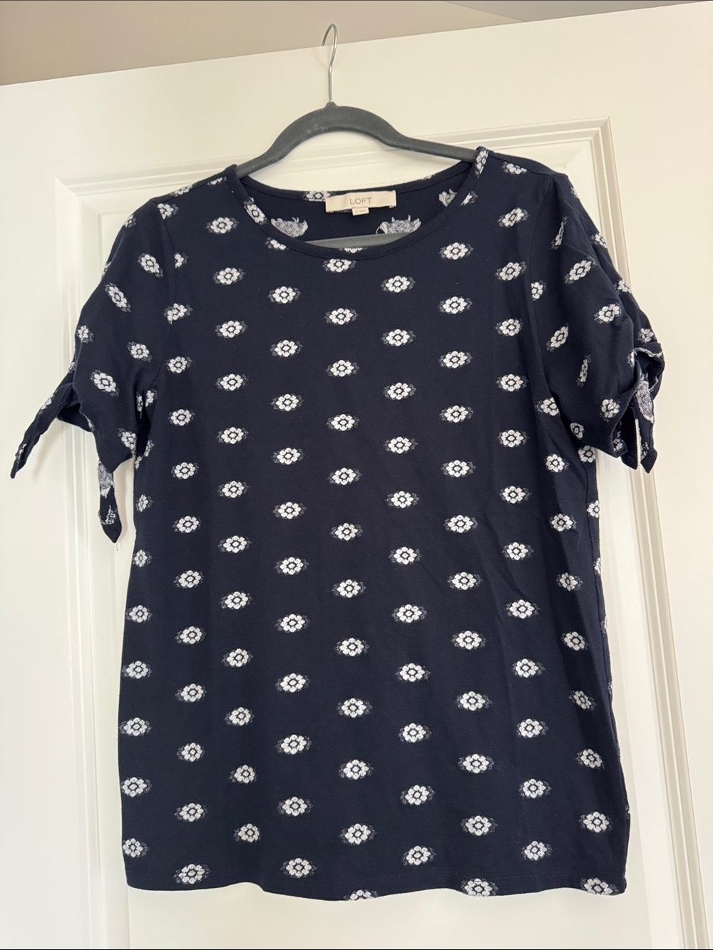 LOFT Navy Tee with White Floral Motif and Sleeve Ties